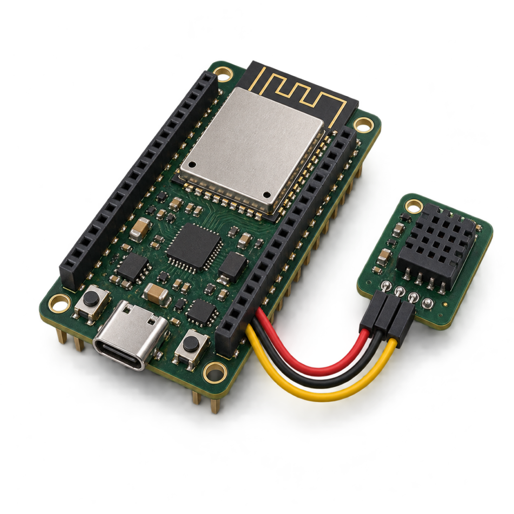 Illustration of a microcontroller development board connected to a temperature sensor.