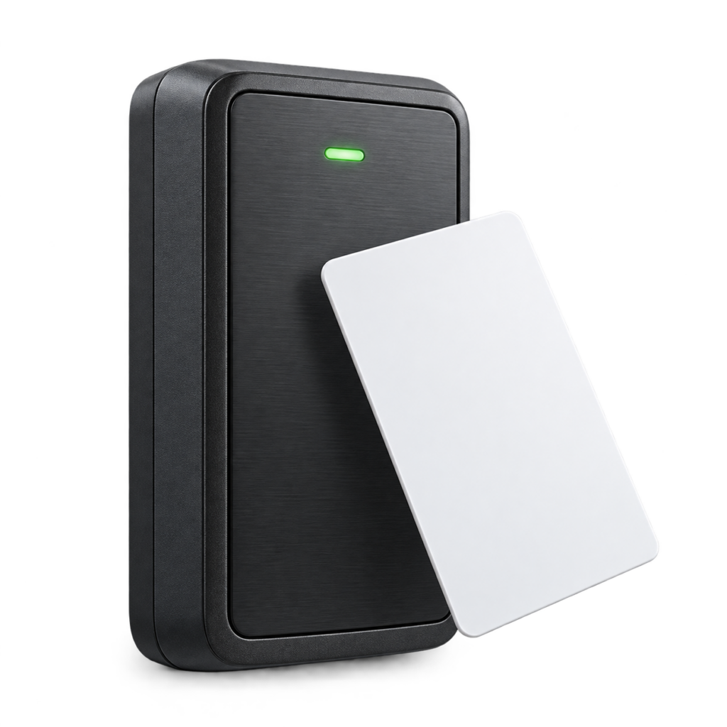 Illustration of a black access-card reader with a white credential card.