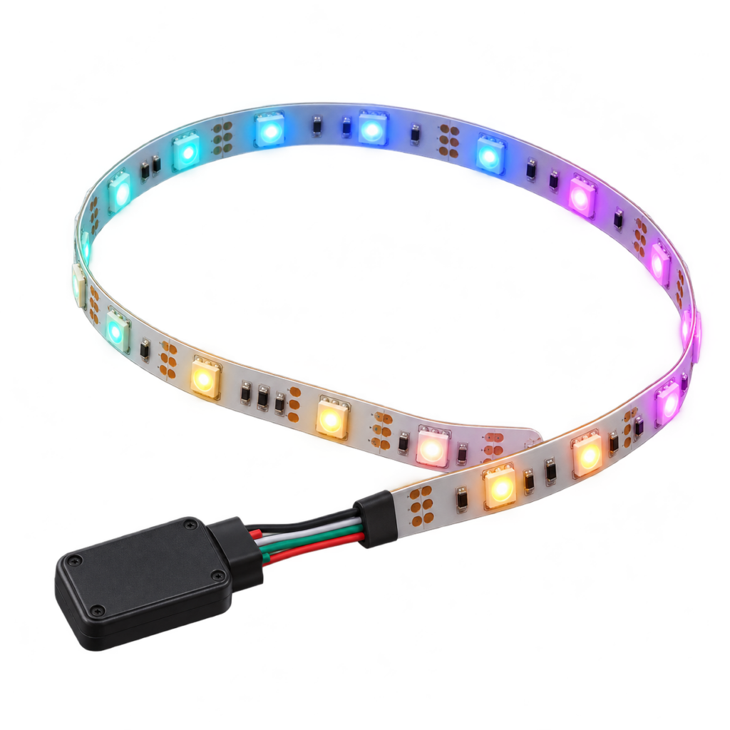 Illustration of a curved addressable RGB LED strip glowing in several colors.
